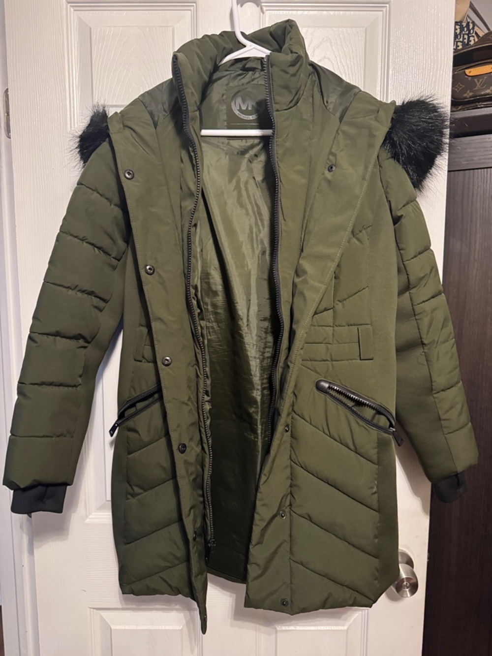 Michael Kors Olive Green Quilted Puffer Coat with Faux Fur Trim